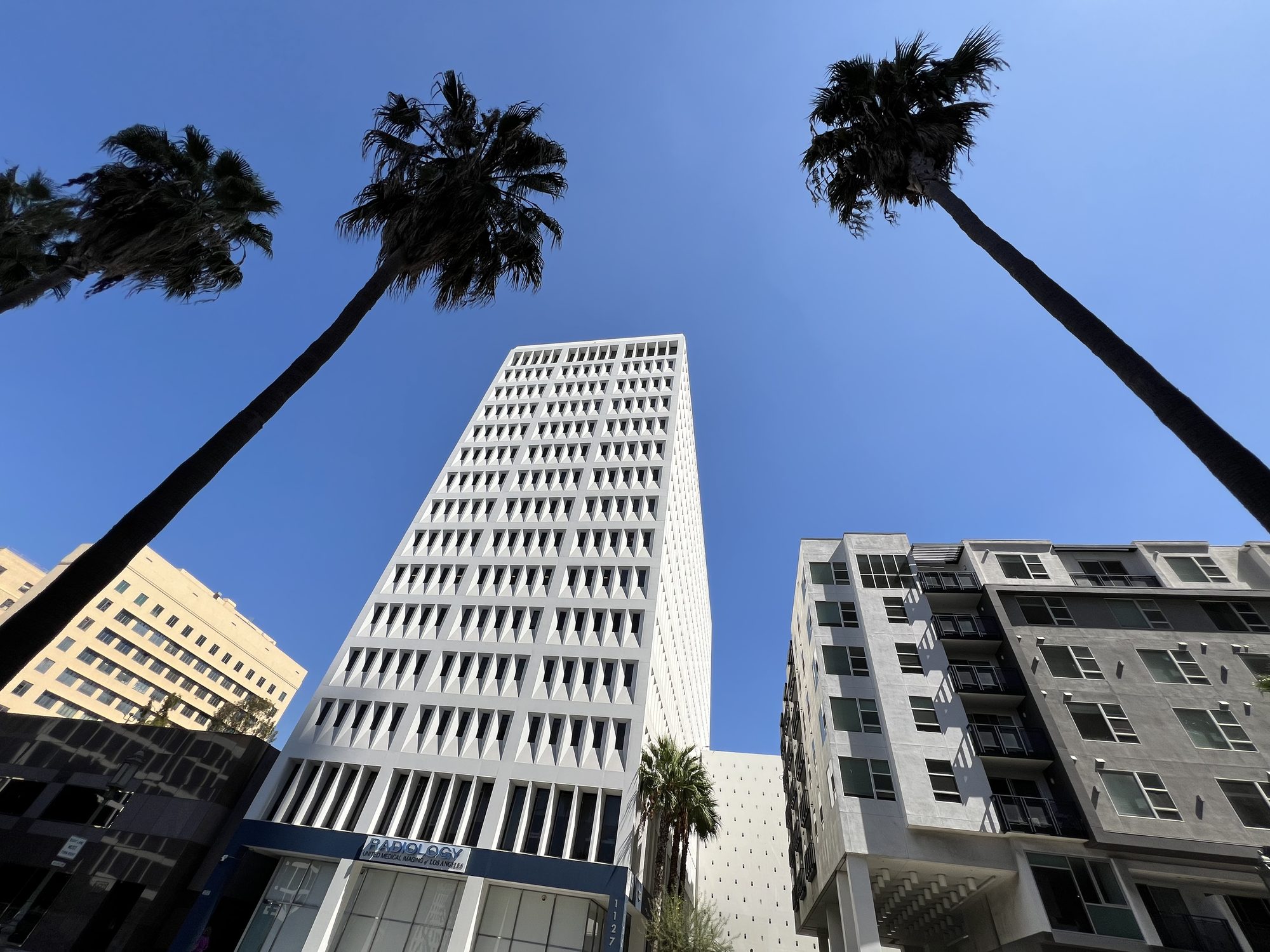 The Samaritan Medical Tower on Wilshire Boulevard, seen from below and framed by palm trees